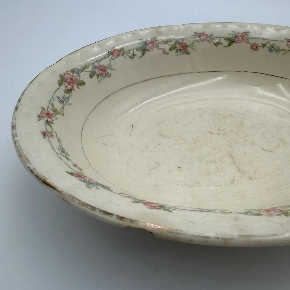 Vintage China‎ Oval Candy Dish Gold Roses Chunky Stained Floral Serving Dish